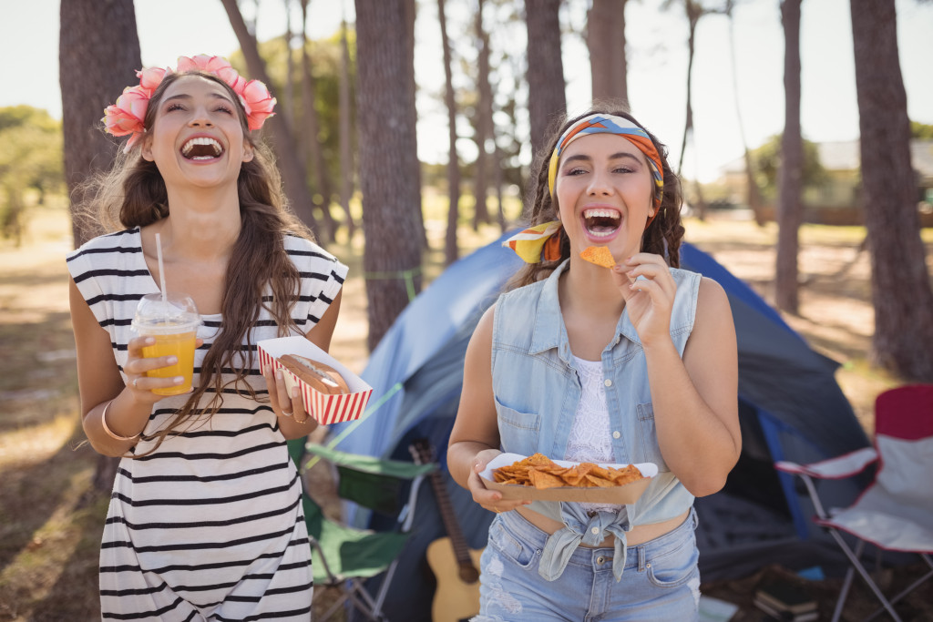 friends camping in the woods