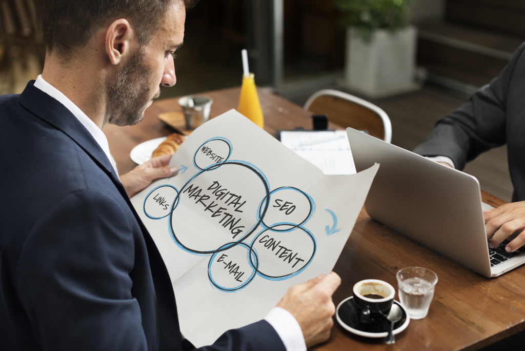 person holding a paper with a diagram of digital marketing