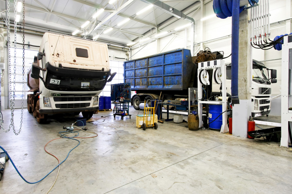 Portrait of a truck at a workshop for regular maintenance check