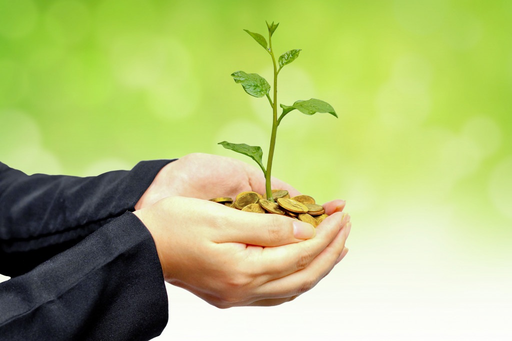 A businessman holding a plant with coins